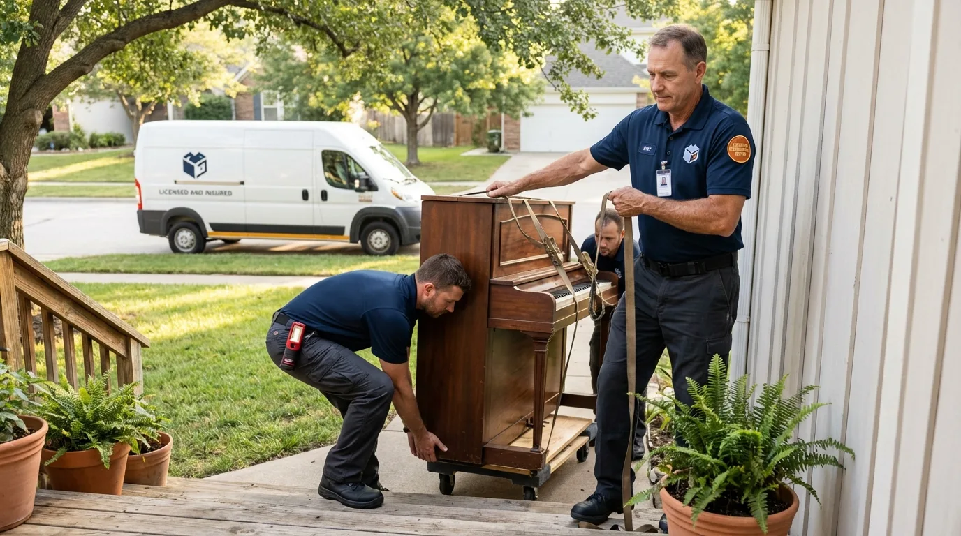 Licensed piano movers securing grand piano in Wolcott, CT
