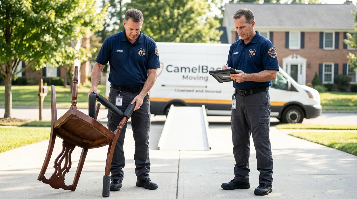 Movers inspecting furniture for damage prevention before loading in Wolcott, CT