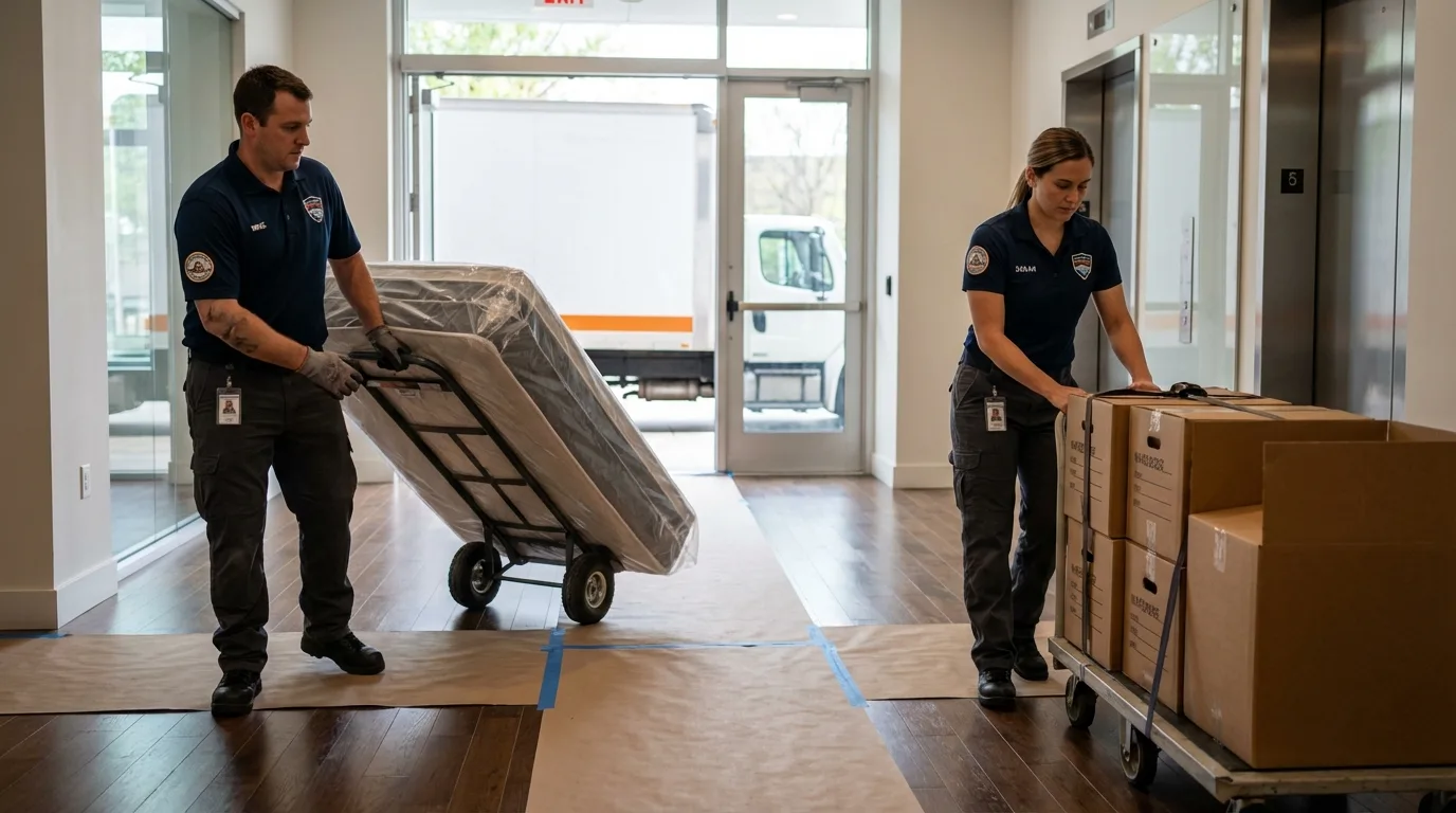 Professional apartment movers loading elevator in Wolcott, CT