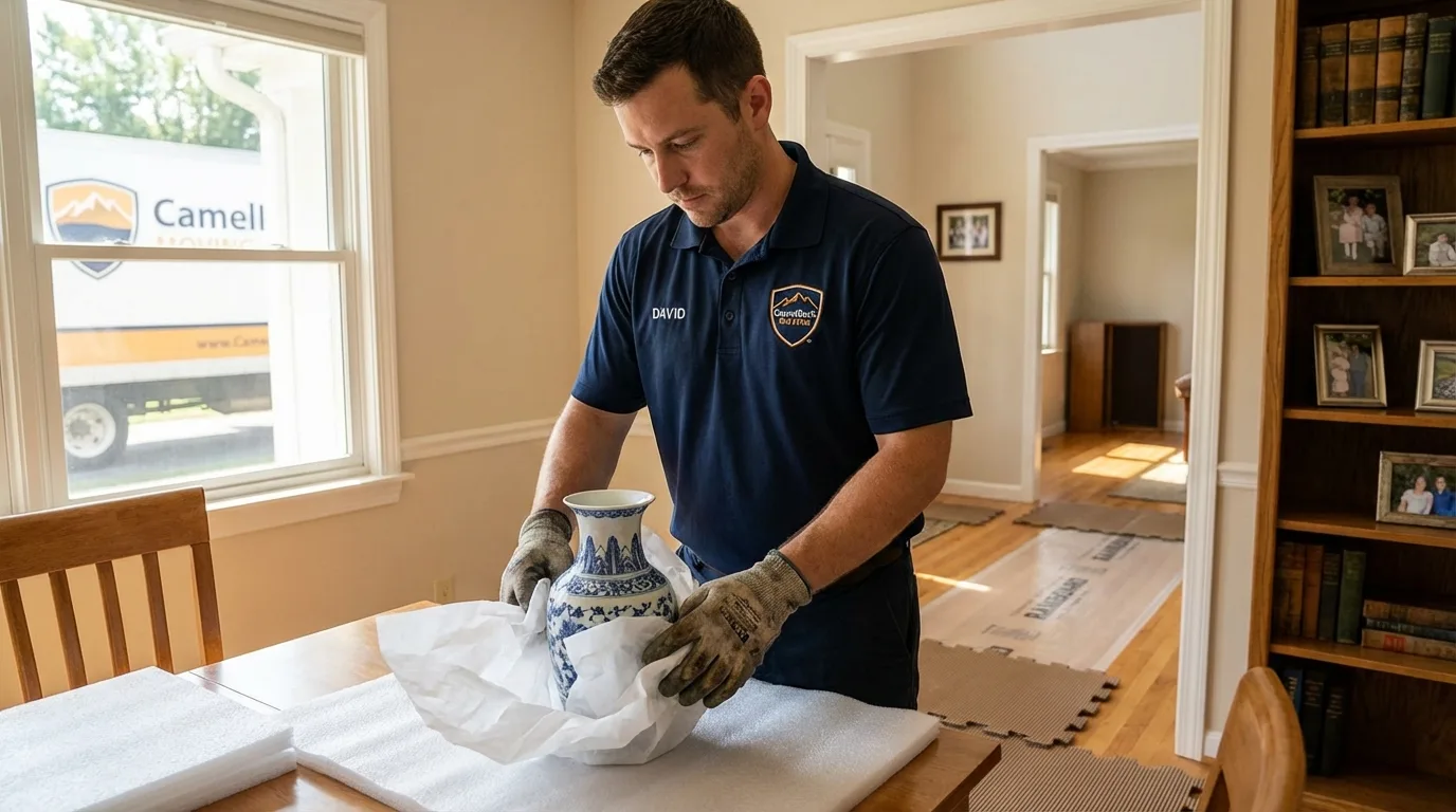 Professional crew carefully wrapping antique vase for senior downsizing move in Wolcott, CT