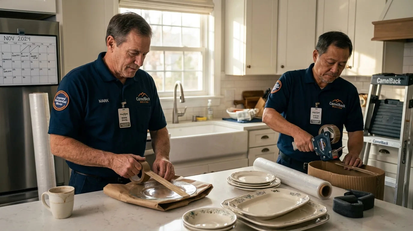 Professional crew packing kitchen dishware in Wolcott, CT